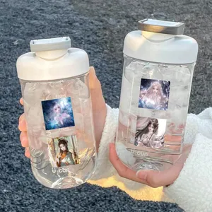 Clear plastic water bottle detail featuring ancient Chinese style anime girl stickers and capacity scales.