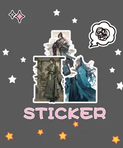 Ancient costume anime boy stickers detail view, showing delicate traditional clothing designs.