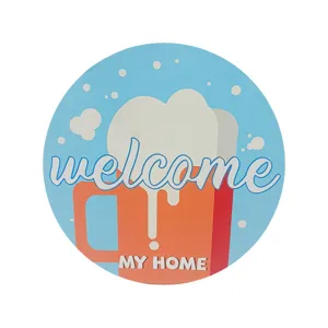Round wooden beer hanging sign with welcome text, ideal for summer farmhouse home door decor.