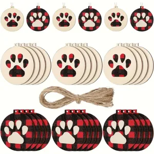 Wooden Christmas Dog Paw Hanging Ornaments Natural Wood Plaid Printed Pendants For Holiday Tree Home Decor
