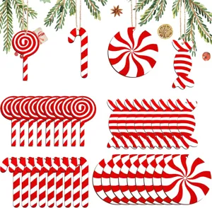 36pcs Christmas Wooden Candy Ornaments Red White Striped Cane Lollipop Tree Decor