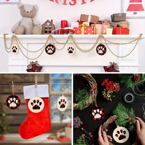 Christmas wooden dog paw hanging ornaments with red black buffalo plaid pattern for holiday tree decor