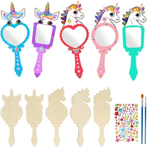 Kinder DIY Holz Handspiegel Handwerk Kinder Dekoratives Prinzessin Spiegel Malerei Holz Spielzeug mit Diamant Aufklebern