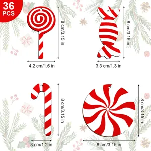 Close-up details of 36pcs wooden Christmas candy ornaments with dimension measurements.