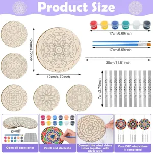 Kit fai da te per campanello a vento in legno con dischi mandala da dipingere, colori e pennelli.