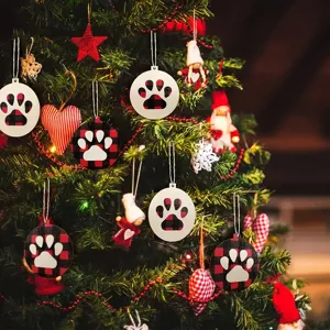 Christmas wooden dog paw hanging ornaments with plaid patterns for holiday tree decor details