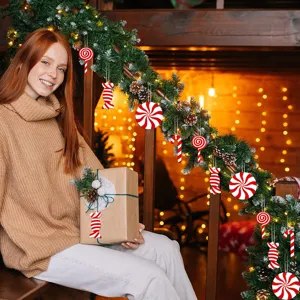 Christmas wooden candy ornaments red white cane hanging decorations set for holiday tree.