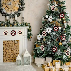 Christmas dog paw wooden ornaments with buffalo plaid pattern, perfect for holiday trees.