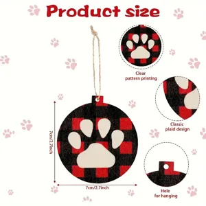 Christmas wooden paw ornament hanging sign with red black plaid pattern and rope 7x7cm