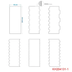 Transparenter Acryl Kuchenschaber Set mit 6 verschiedenen Streifen und gezahnten Kanten.