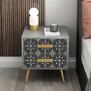 Close-up view of retro black and white tile sticker applied on nightstand drawer for home decor.