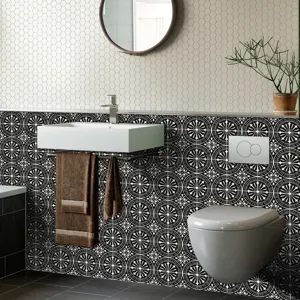 Detailed view of 3D mosaic tile sticker, waterproof self-adhesive wall sticker for bathroom.
