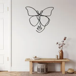Abstrakt metalen lijntje kunst vlinder gezicht muursticker voor moderne woonkamer.
