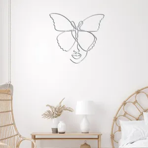 3D acryl spiegel muursticker met geometrische lijnkunst van een gezicht van een vrouw en vlinder.