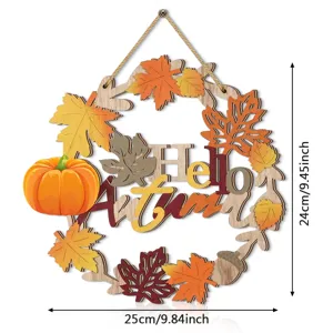 Autumn wooden hanging wreath decoration with maple leaves and pumpkin design for home decor