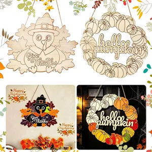 DIY Unfinished Wood Halloween Christmas Thanksgiving Hanging Tags Natural Wood Slices Holiday Door Window Decoration Laser Cut Festive Crafts