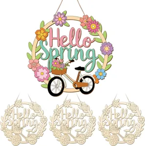 Wooden spring wreath detail, Hello Spring hanging sign, unpainted DIY wood craft slice.