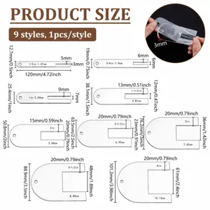 Detailed size chart of acrylic fabric pleating tools featuring 9 distinct styles and dimensions.