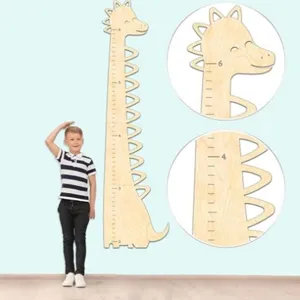 Wooden dinosaur height growth chart detail showing clear scale markings and cute design.