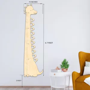 Wooden kids dinosaur height growth chart ruler for nursery bedroom wall decor and measurements.