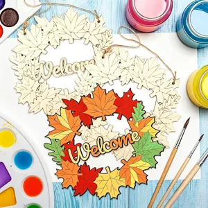 Unfinished DIY wooden maple leaf hanging sign with welcome text, ideal for custom painting crafts.