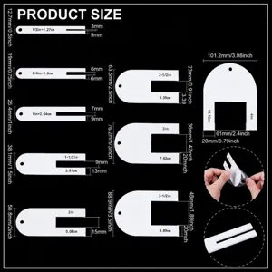 Acrylic sewing pleat tool set detail size chart showing 9 styles with precise dimensions.