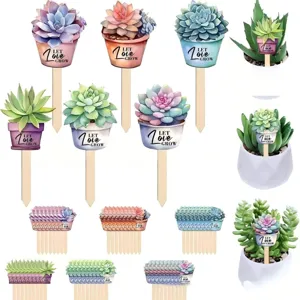 Wooden succulent plant labels decorative stakes for garden pots, cute plant markers.