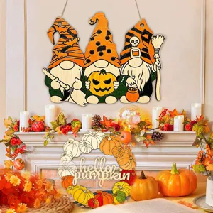 Halloween wooden hanging signs set with gnome and pumpkin wreath for holiday home wall decor.