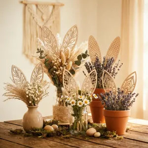 Détail de piques plantes oreilles de lapin en bois, pots de fleurs ajourés découpés.