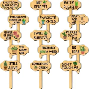 Wooden succulent plant labels with funny English quotes for garden pot decoration and plant lovers.