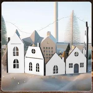Foldable wooden Christmas village decoration with lights, white winter holiday tabletop decor.