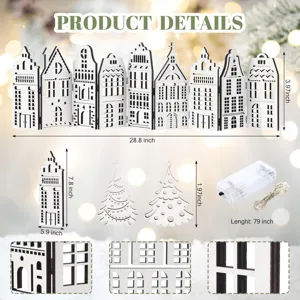 Wooden Christmas village decoration set with LED lights and foldable miniature houses display.