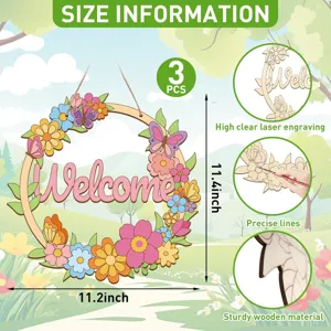 Unfinished wooden wreath 3pcs spring welcome hanging sign laser engraved home decor set