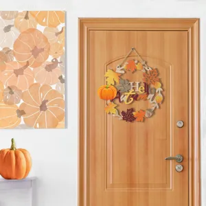 Autumn wooden door wreath with maple leaves and pumpkin, cute welcome hanging sign for home decor.