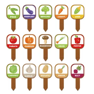 Wooden garden plant labels set, cute vegetable markers for potted plants and herb gardens.