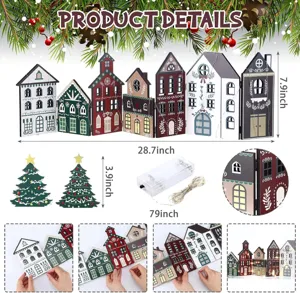 Detailed view of collapsible wooden Christmas village decoration with dimensions and LED lights.