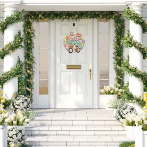 Wooden Hello Spring floral wreath hanging sign front door farmhouse spring decor