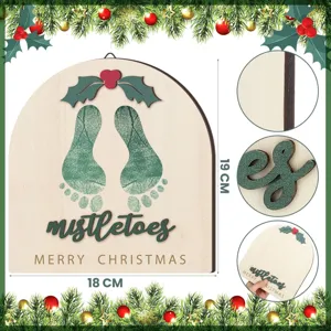 Christmas wooden baby footprint hanging sign detail view, showing size dimensions and layers.
