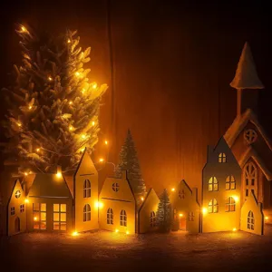 Foldable wooden Christmas village desktop decoration white winter ornament with warm lights
