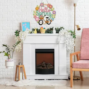 Wooden Hello Spring hanging wreath wall plaque for seasonal spring home indoor decoration details.