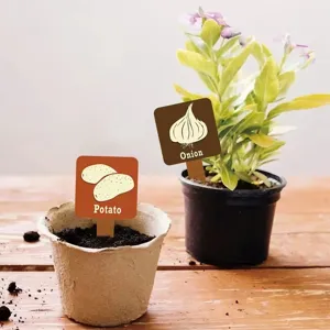 Wooden plant labels with potato and onion designs for garden flower pots and classification.