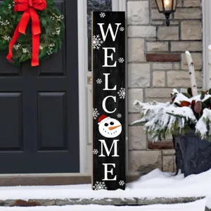 Panneau de porche vertical en bois avec bonhomme de neige et texte de bienvenue idéal.