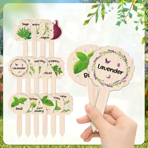 Wooden plant labels detail showing herb names and cute botanical illustrations for gardening.