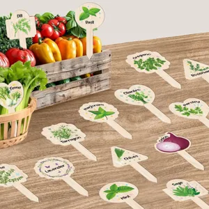 Wooden plant labels for garden herbs and succulents, creative wooden markers for potted plants.