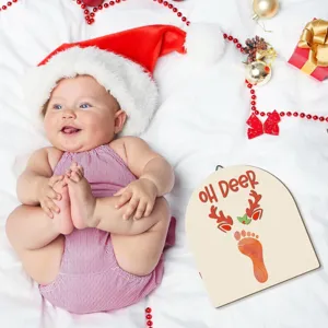 Christmas baby footprint DIY wooden hanging plaque souvenir holiday photo prop decor.
