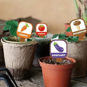 Wooden plant labels set with cute vegetable and mushroom designs for garden pots decoration.