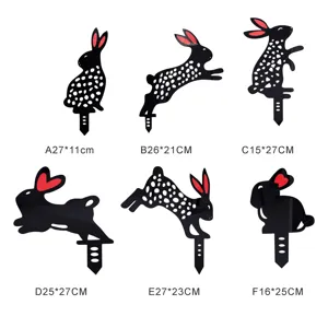 Acrylic black rabbit garden stake set, silhouette yard art decor with red ear detail for outdoor.