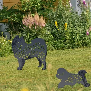 Dog acrylic garden stake silhouette detail, floral hollow outdoor yard art lawn decor.