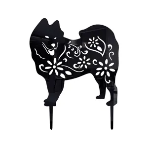 Acrylic dog garden stake detail, black hollow floral silhouette yard art lawn ornament.