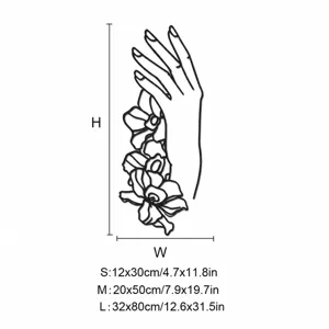 Tableau des tailles d'autocollant mural main et fleurs avec dimensions S, M et L pour déco.